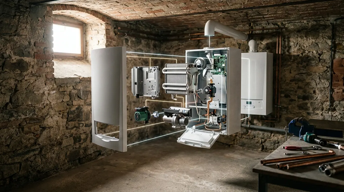 Vue éclatée d'une chaudière gaz à condensation installée en chaufferie